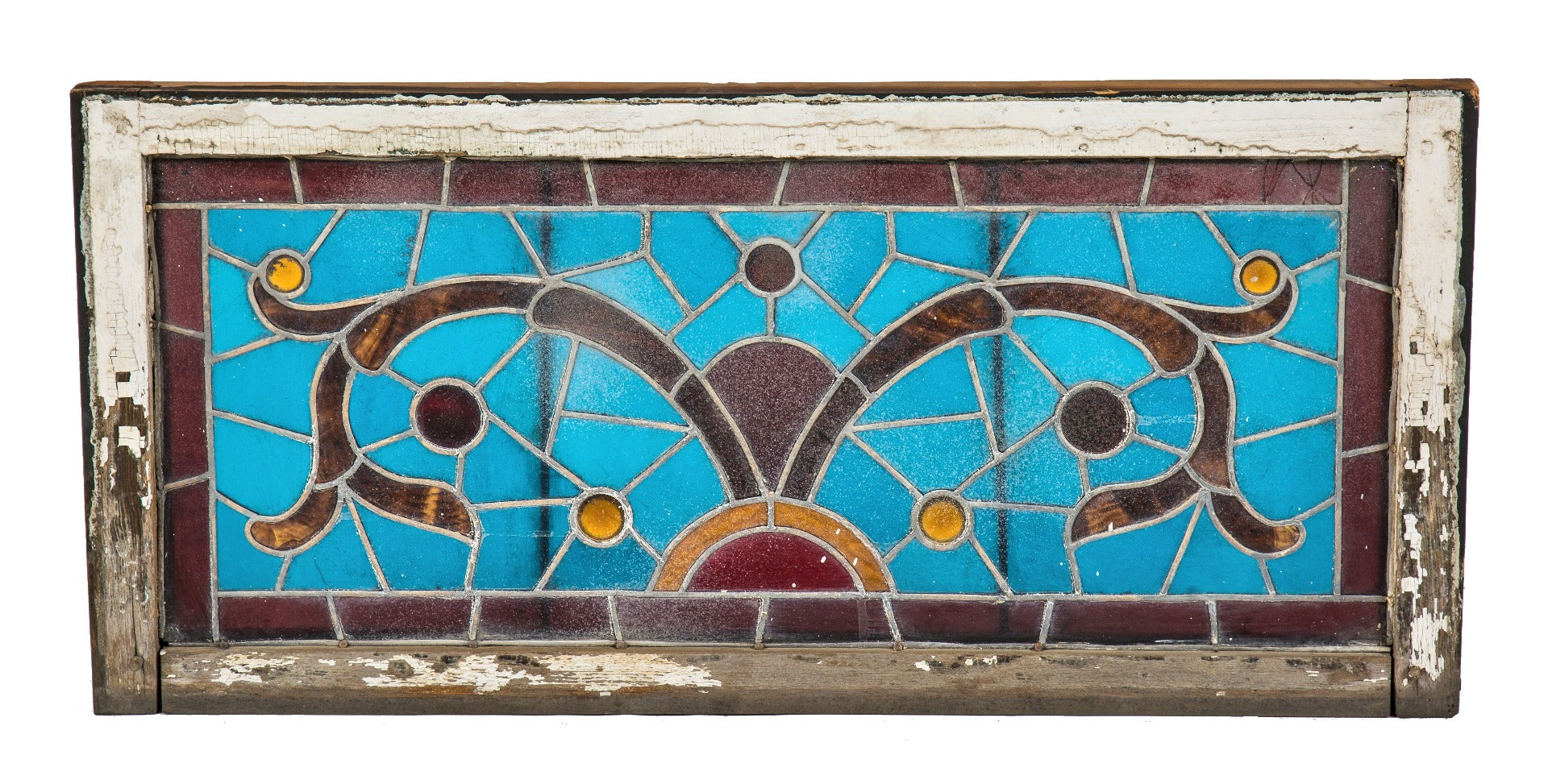 single 19th century original salvaged chicago american victorian era stained glass window bedecked with several jewels