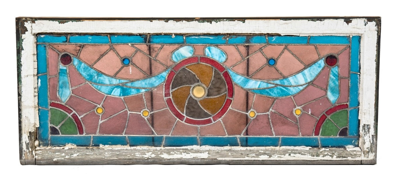 original and intact 19th century late 1880's american victorian era salvaged chicago stained glass window with richly colored swag and faceted jewels