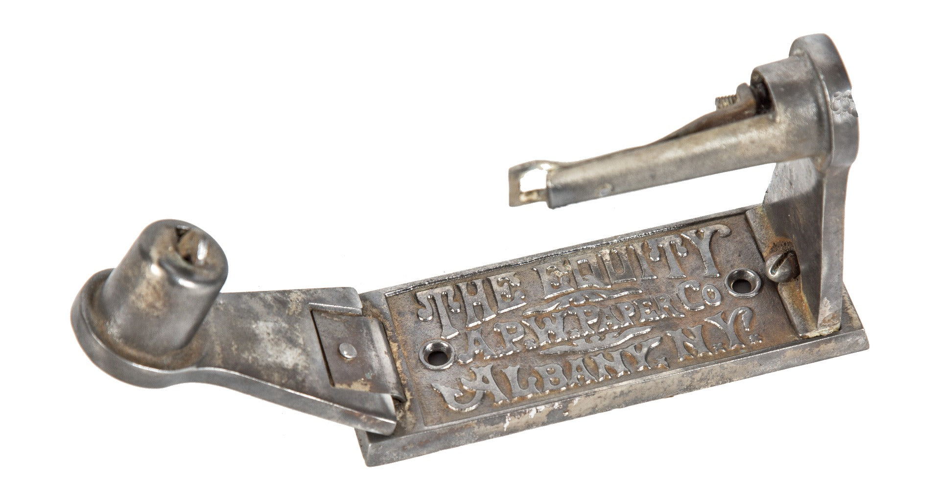 highly sought after refinished late 19th century wall-mount salvaged chicago cast iron "the equity" toilet paper roll holder