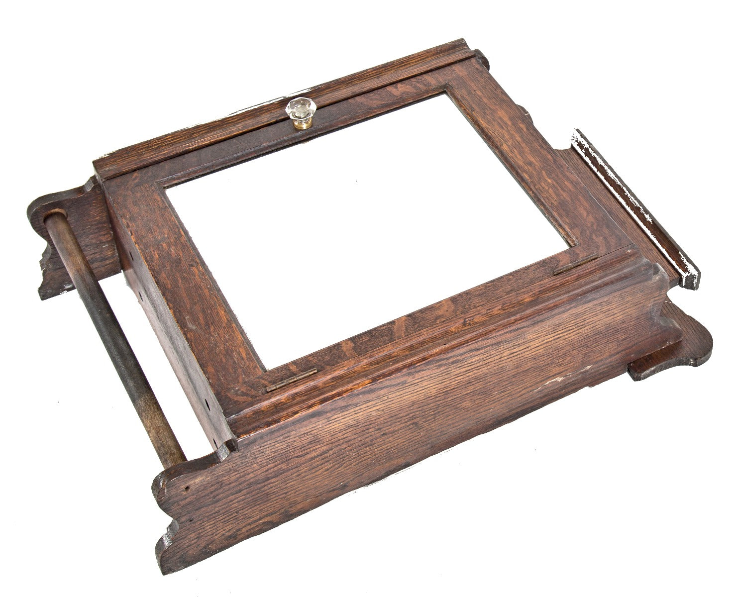 well-crafted all original early 20th century solid oak wood wall-mount interior residential lavatory or bathroom medicine cabinet with beveled mirror and towel rod