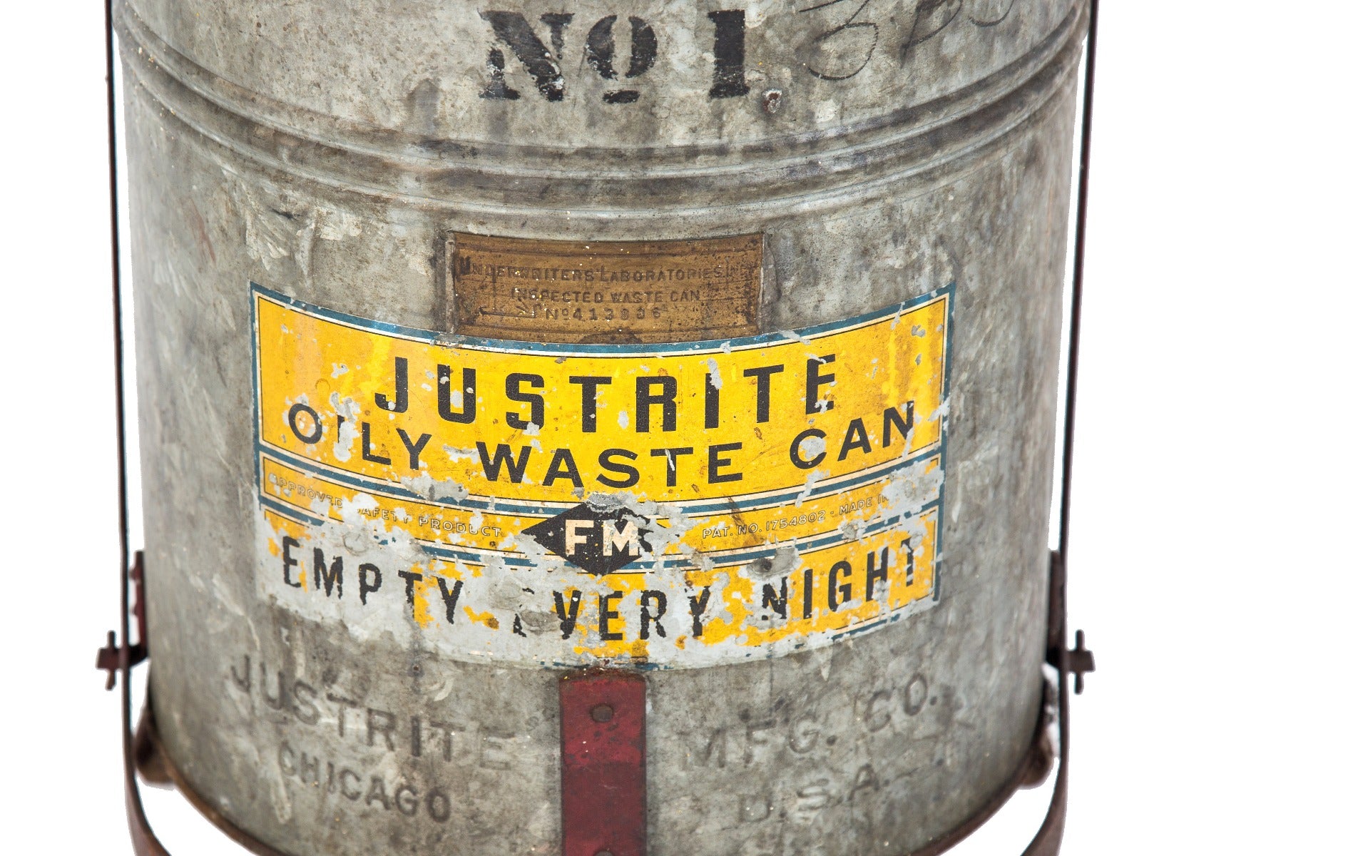original salvaged chicago factory "empty every night" galvanized steel foot-operated oily rag trash or waste can