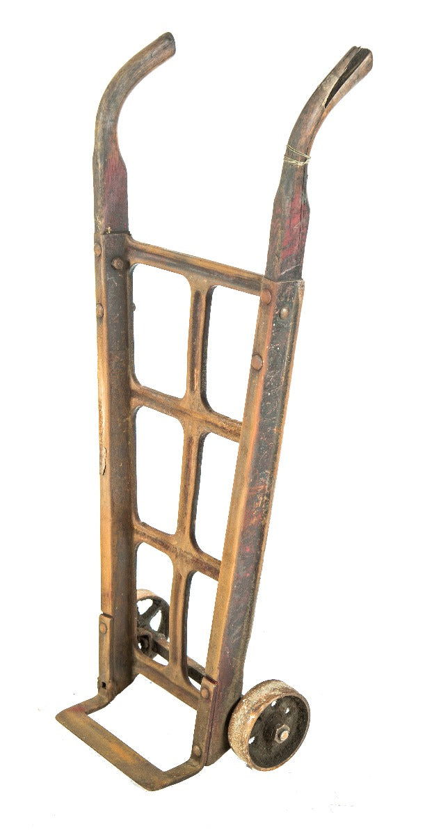 early 20th century vintage american industrial weathered and worn oak wood and steel two-wheeled dolly or hand truck
