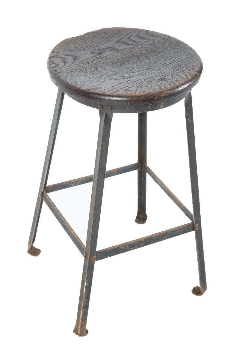 salvaged chicago weathered and worn four-legged riveted joint angled steel factory stool with solid oak wood seat