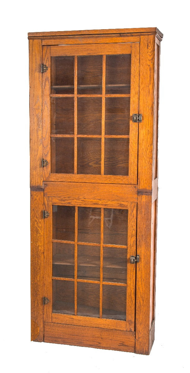 all original mission style salvaged chicago varnished oak wood bookcase or cabinet with french style glass doors