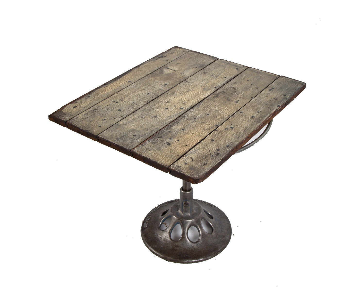 repurposed salvaged chicago "ideal scoreboard" cast iron brushed metal table base with newly added weathered and worn tabletop
