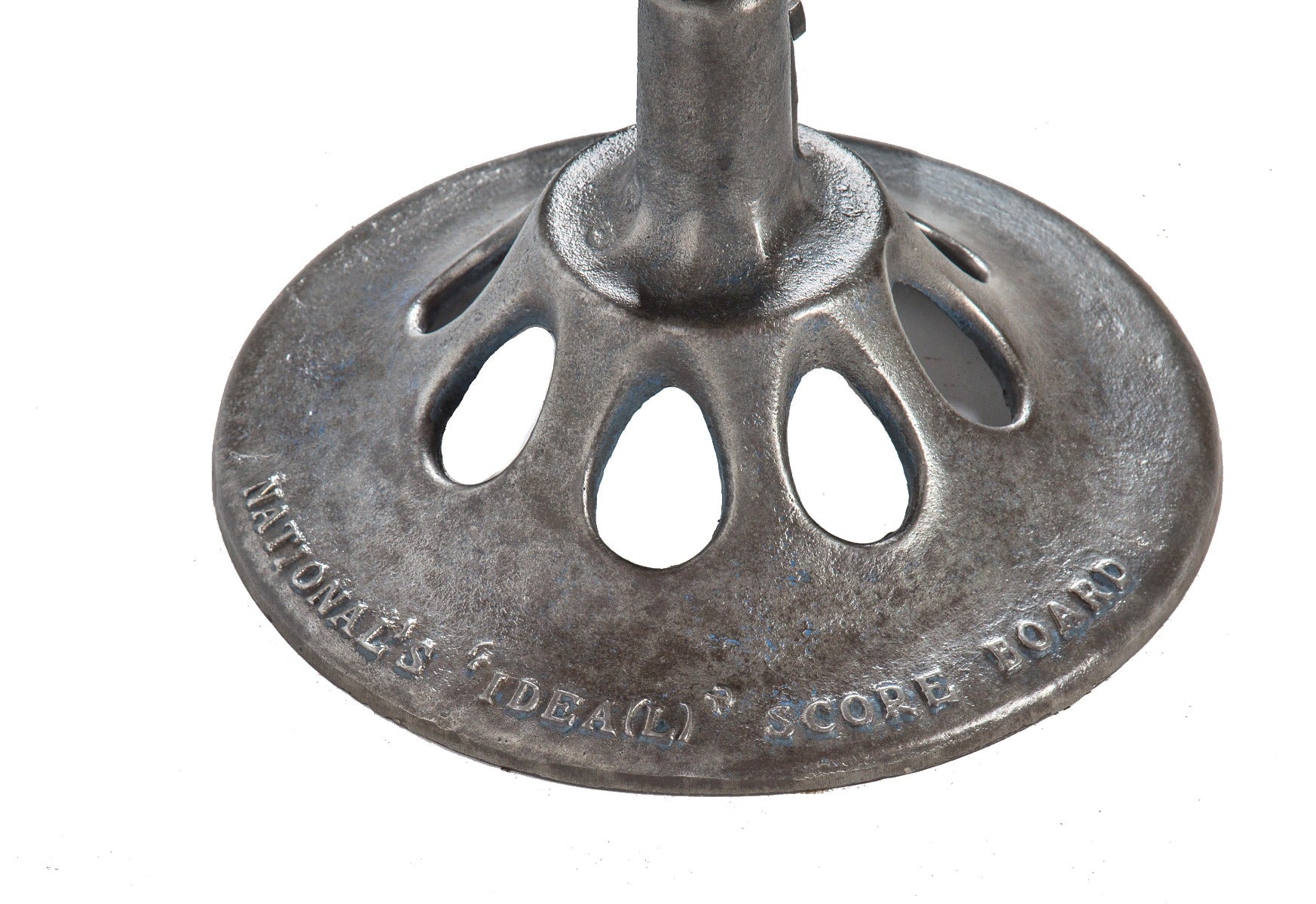 repurposed salvaged chicago "ideal scoreboard" cast iron brushed metal table base with newly added weathered and worn tabletop