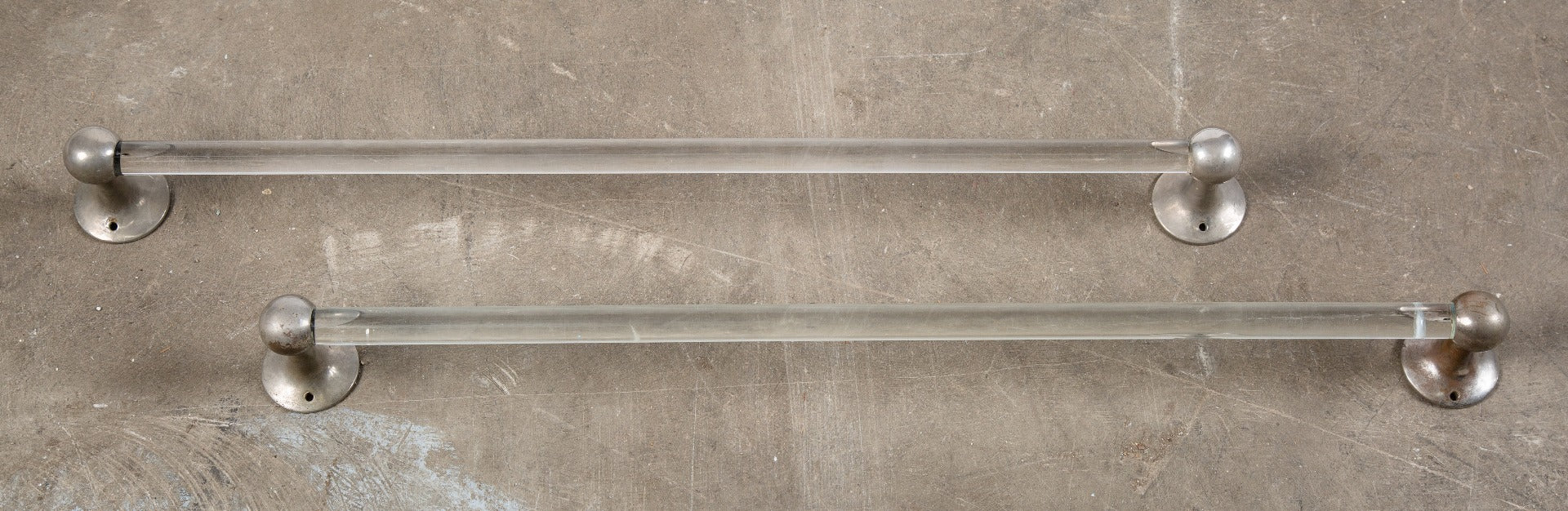 matching set of original early 20th century hard to find lavatory glass towel rods with intact nickel-plated brackets