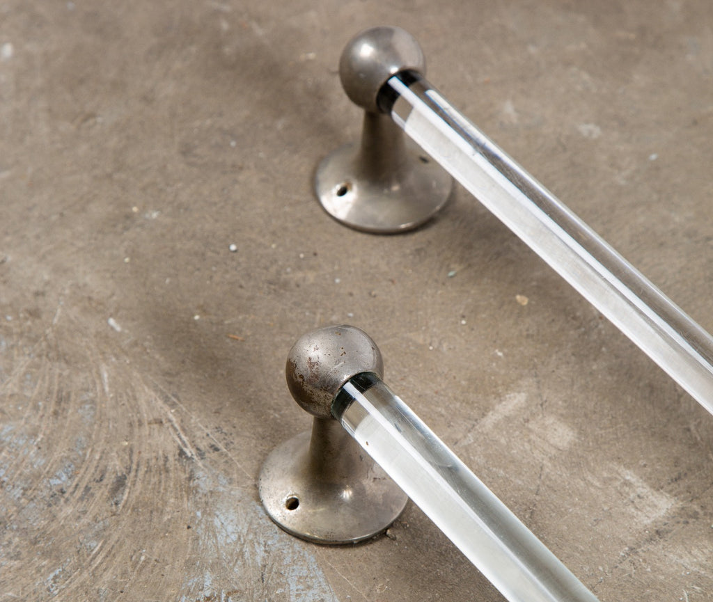 matching set of original early 20th century hard to find lavatory glass towel rods with intact nickel-plated brackets