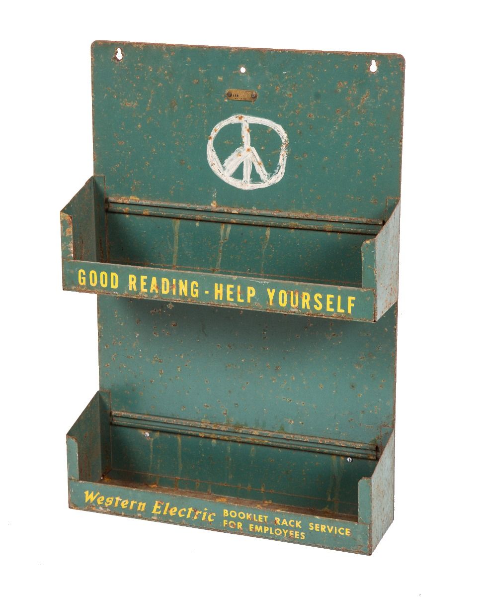 hard to find original c. 1930's vintage american industrial salvaged chicago western electric wall-mounted booklet rack with brushed metal finish