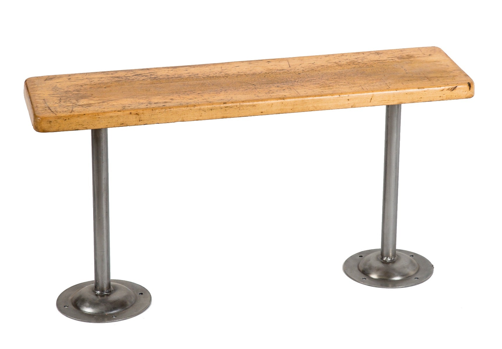 refinished vintage american industrial brushed tubular steel factory locker room diminutive bench with maple wood top