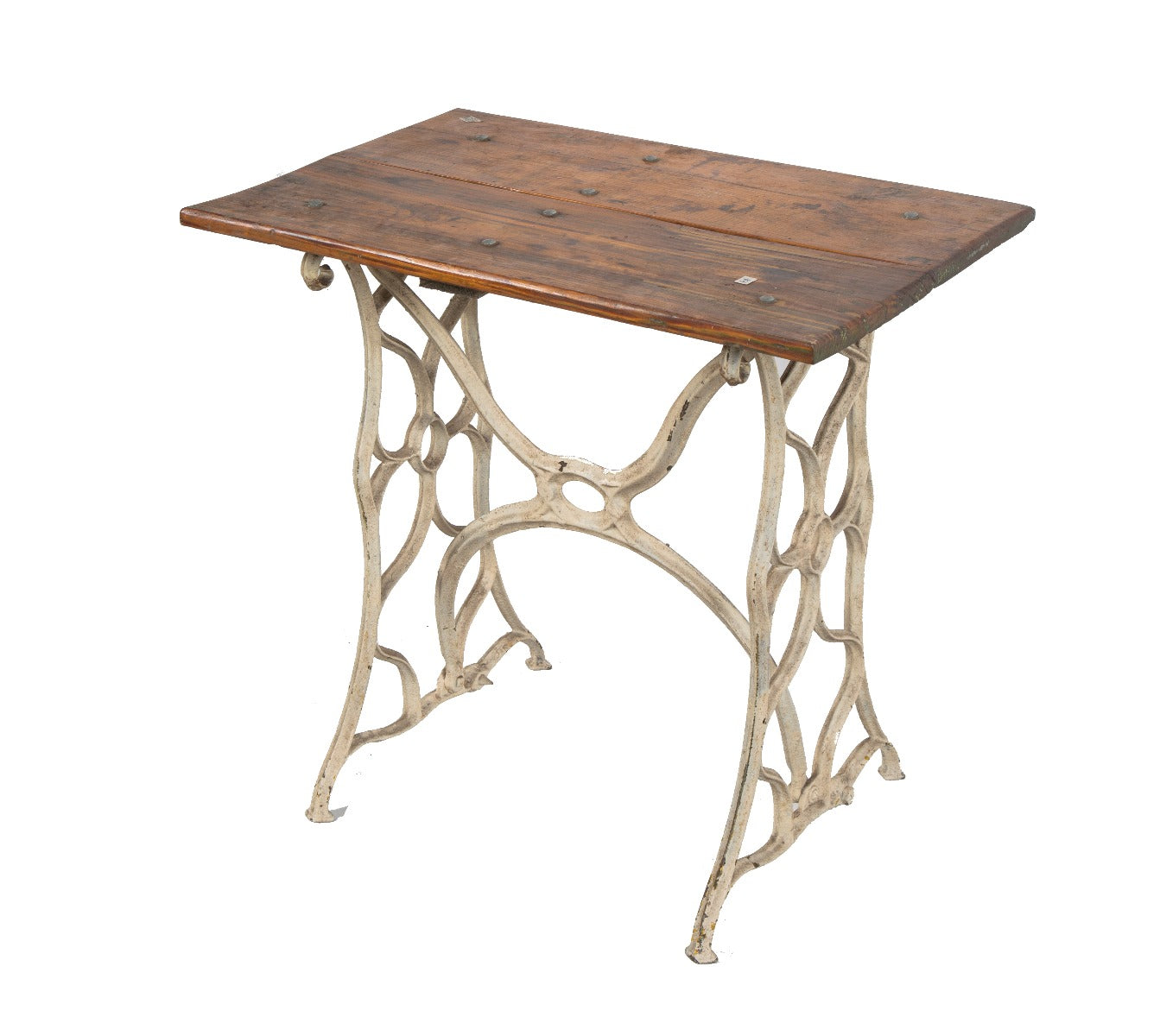 vintage american industrial repurposed metal and wood side table or desk with ornamental iron bases