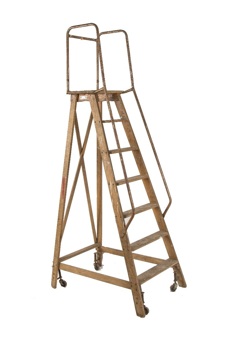 hard to find all original and fully functional "dayton" safety wood ladder with tubular rails and bassick casters