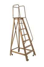 hard to find all original and fully functional "dayton" safety wood ladder with tubular rails and bassick casters