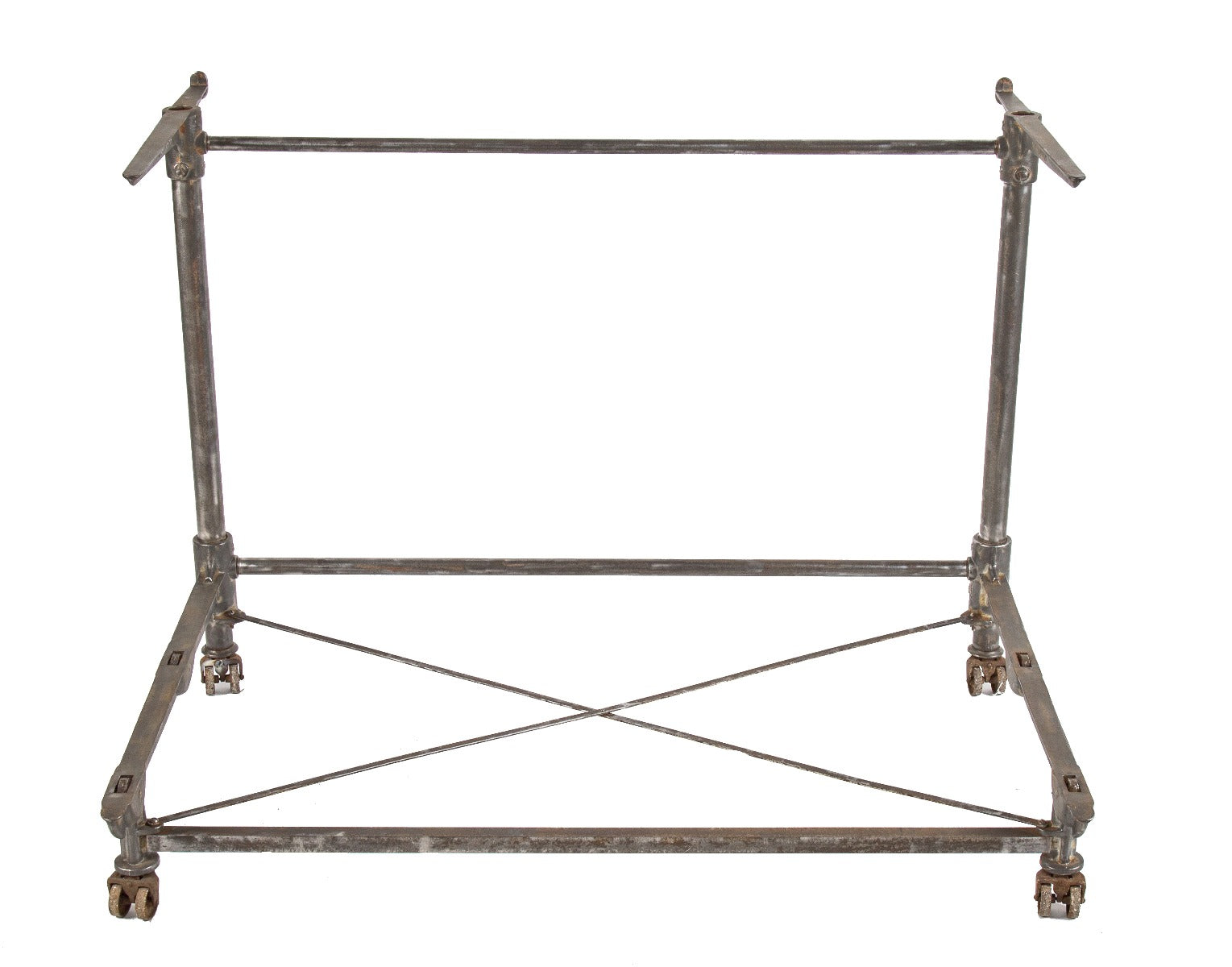 one of two early 20th century antique american cast iron honold casket or coffin display stands with brushed metal finish