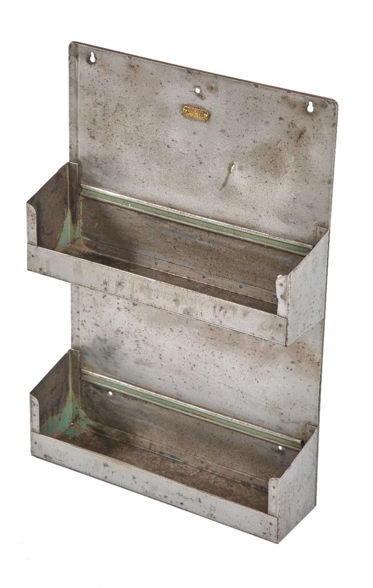 hard to find original c. 1930's vintage american industrial salvaged chicago western electric wall-mounted booklet rack with brushed metal finish