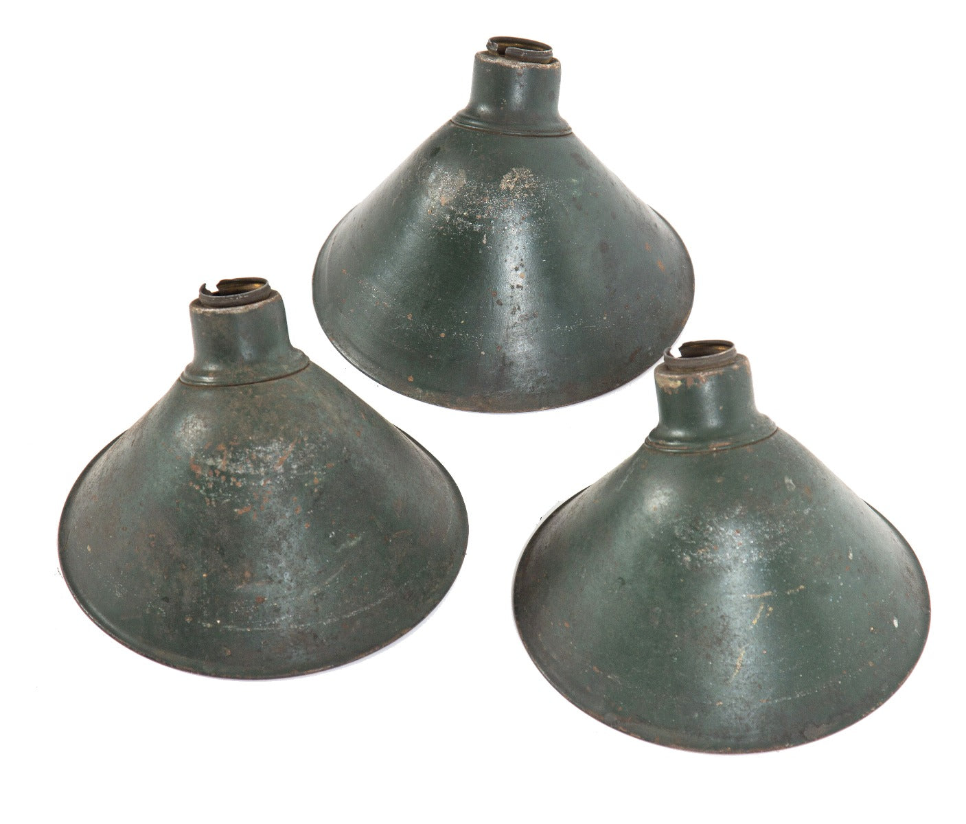group of three original early 20th century harvey hubble green enameled steel factory work lamp conical shades or reflectors