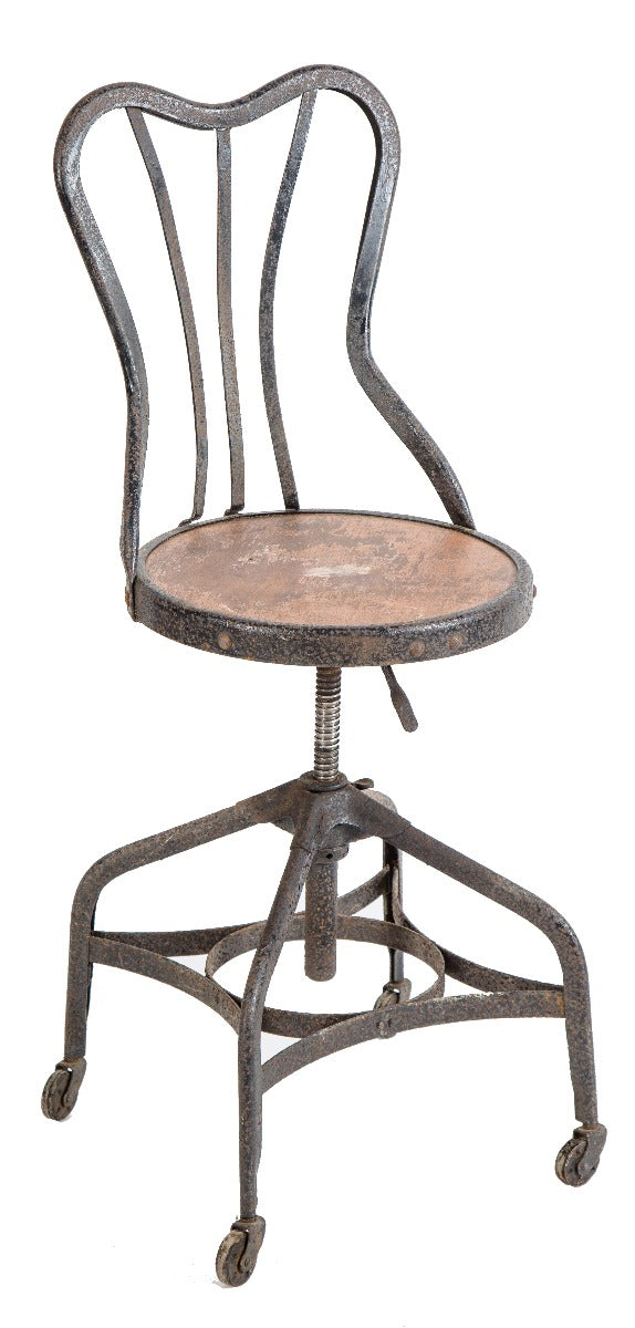 rare fully adjustable early 20th century antique american "uhl art steel" switchboard operator's chair with bassick casters