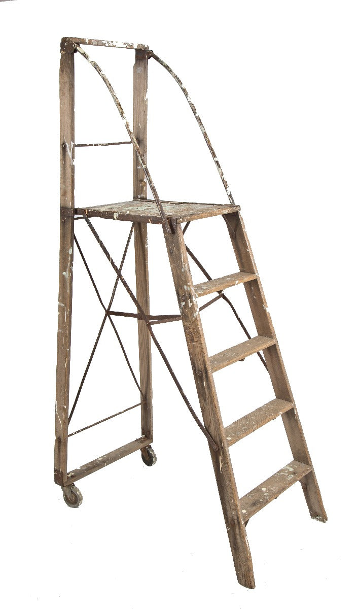 nicely worn and weathered original early 20th century antique american industrial "dayton" safety ladder with bassick casters