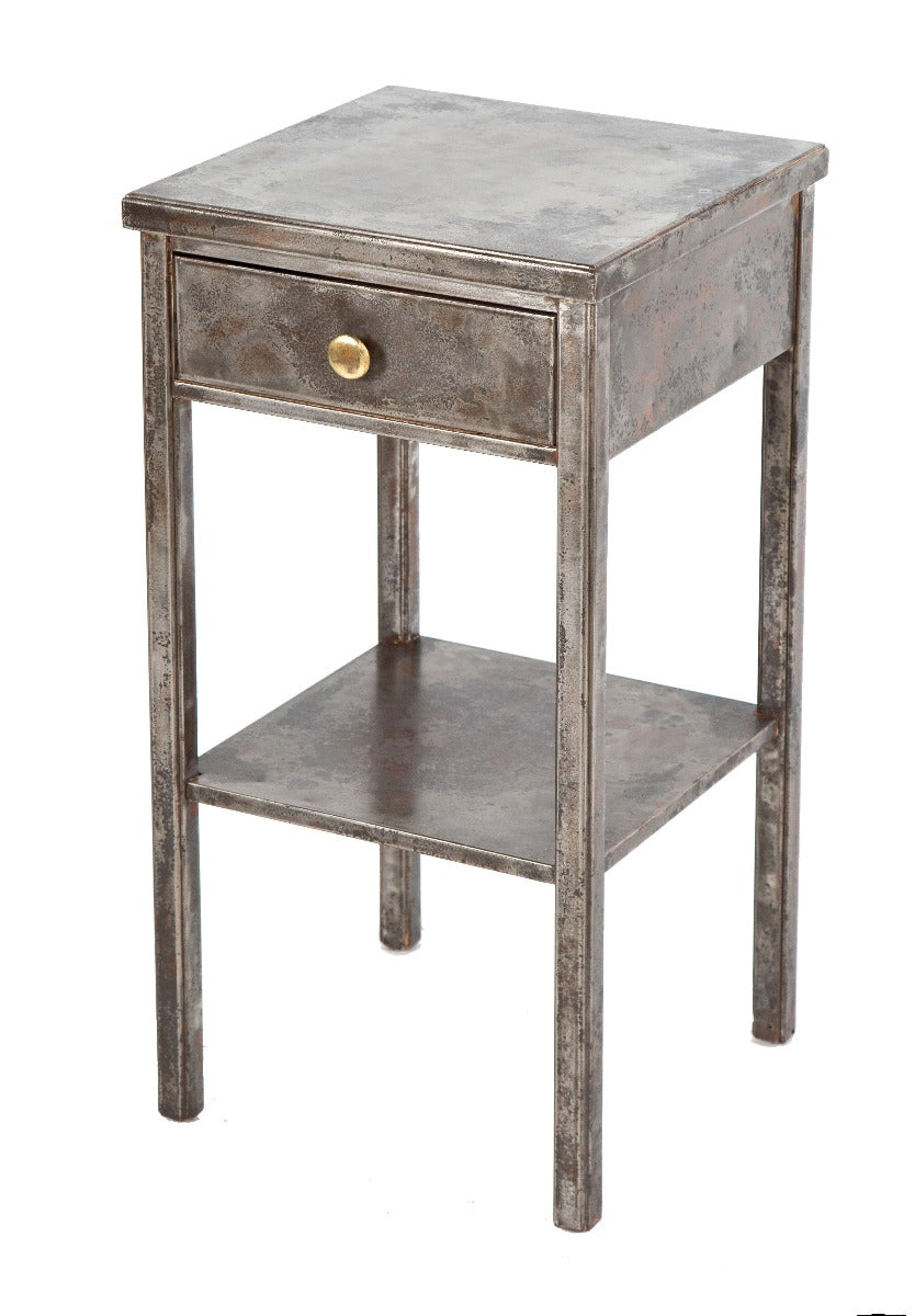 highly sought after original salvaged chicago brushed metal four-legged simmons side table with drawer