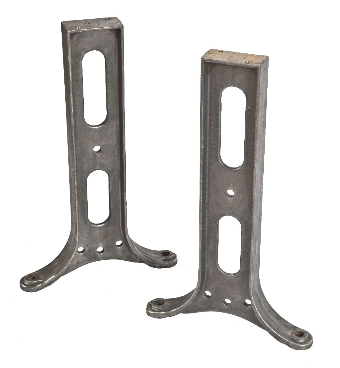 one of two pairs of matching original "medart" salvaged chicago early 20th century industrial cast iron workbench leg with brushed metal finish
