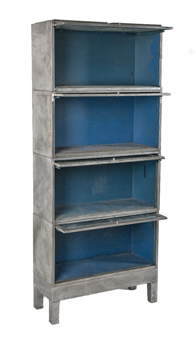 one of two nearly identical refinished freestanding pressed and folded steel barrister bookcase with drop-down doors