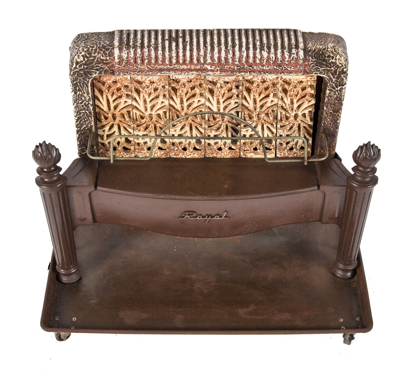 original depression era american salvaged chicago fully functional and intact "royal" radiant fireplace insert or heater with perforated ceramic panels