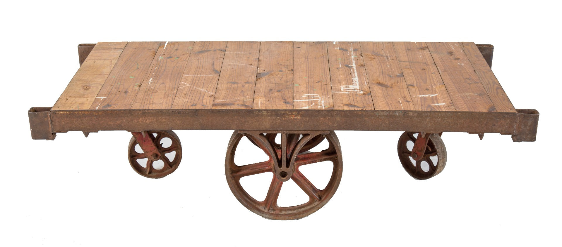 original late 19th or early 20th century antique american industrial "towsley" mobile furniture cart with intact cast iron stationary and swivel casters