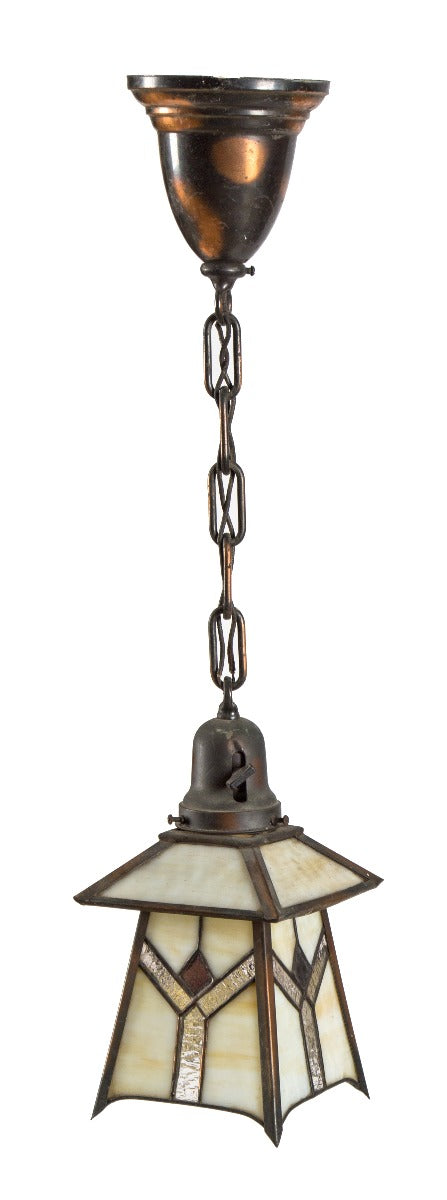 marvelous all original and well-maintained early 20th century copper-plated finish salvaged chicago pendant light fixture with art glass shade