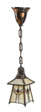 marvelous all original and well-maintained early 20th century copper-plated finish salvaged chicago pendant light fixture with art glass shade