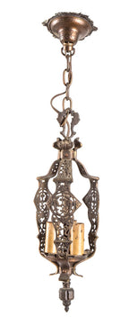 original early 20th century craftsman style ornamental cast bronze interior residential three-light pendant with original finish