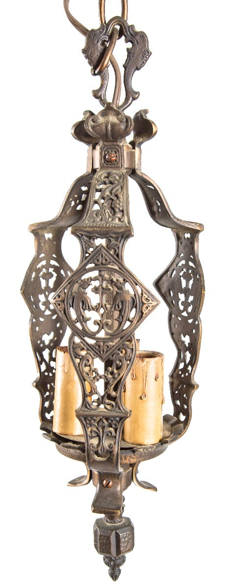 original early 20th century craftsman style ornamental cast bronze interior residential three-light pendant with original finish
