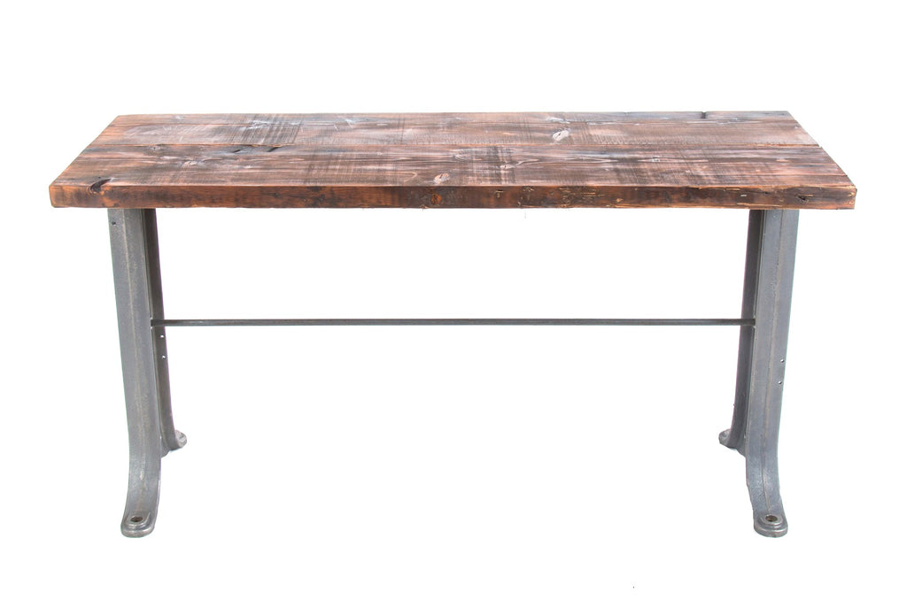 repurposed vintage american industrial heavy duty salvaged chicago factory side table or console with medart cast iron bases and newly added wood top