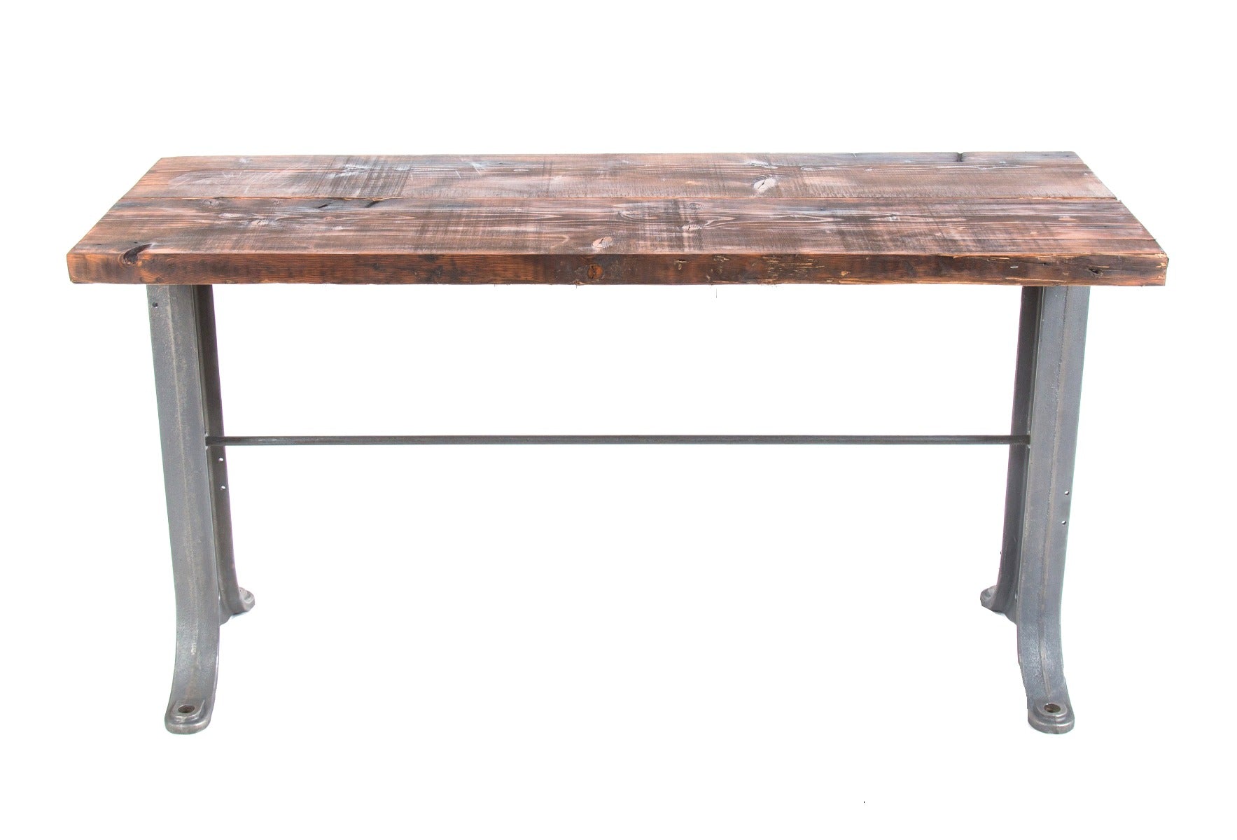 repurposed vintage american industrial heavy duty salvaged chicago factory side table or console with medart cast iron bases and newly added wood top