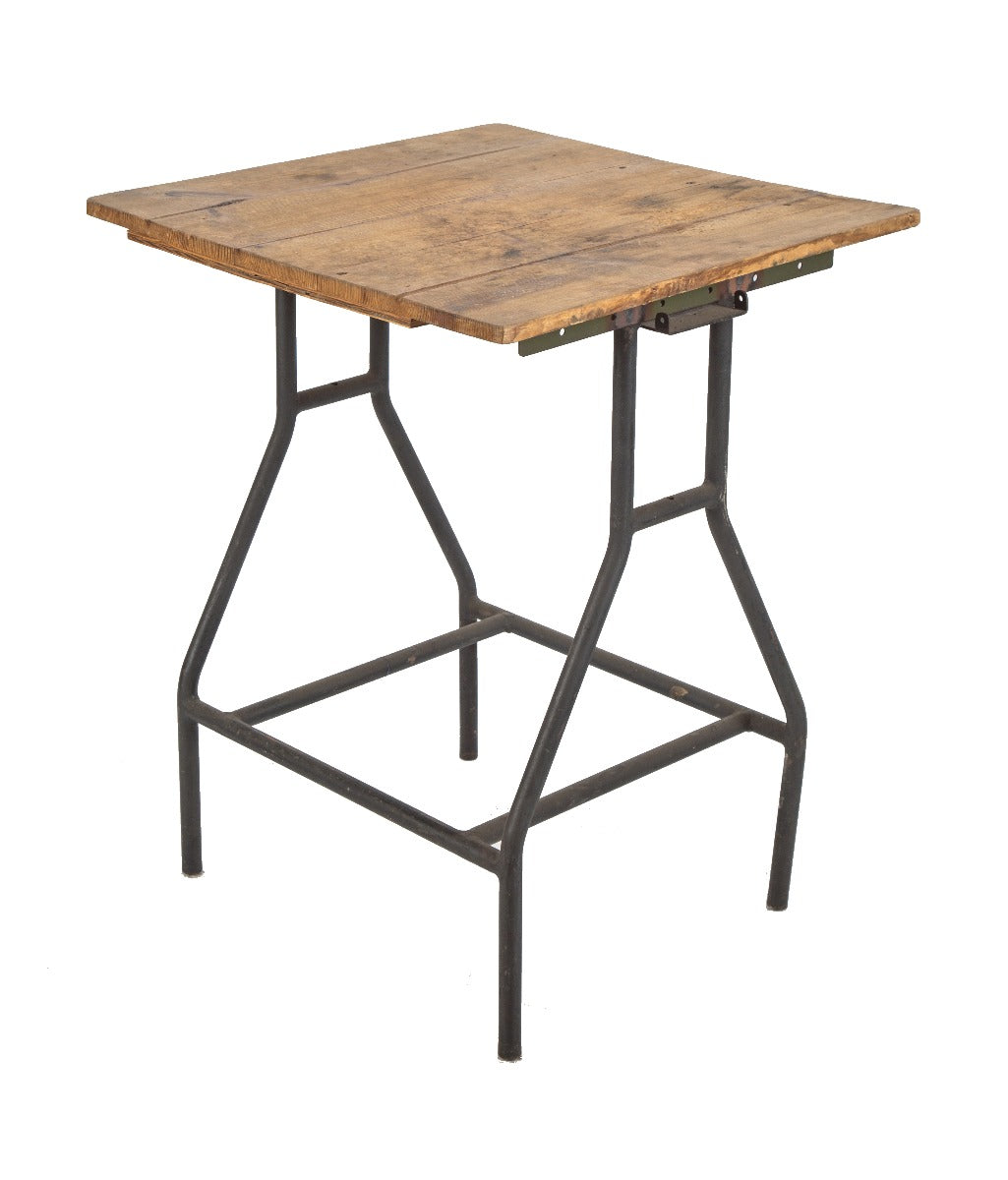 unusual customized welded joint tubular steel four-legged industrial table with weathered pine wood tabletop