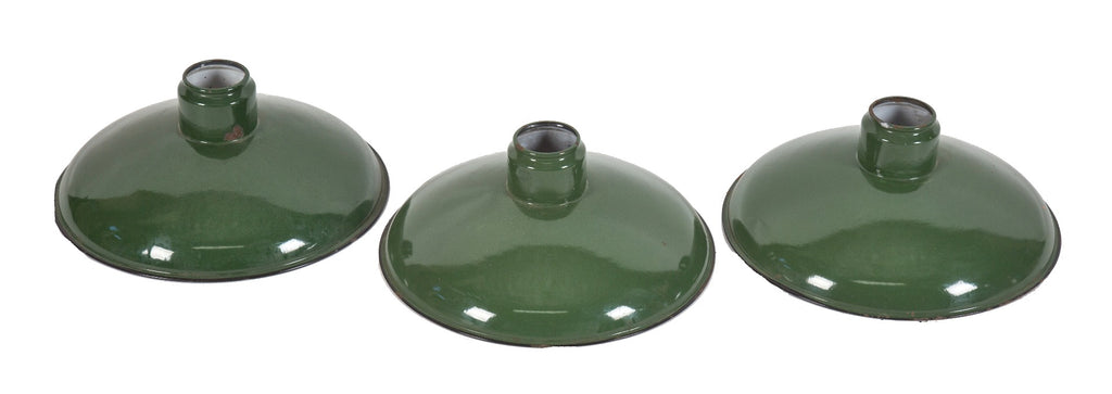 group of three original early 20th century antique american green porcelain enameled benjamin pendant factory reflectors