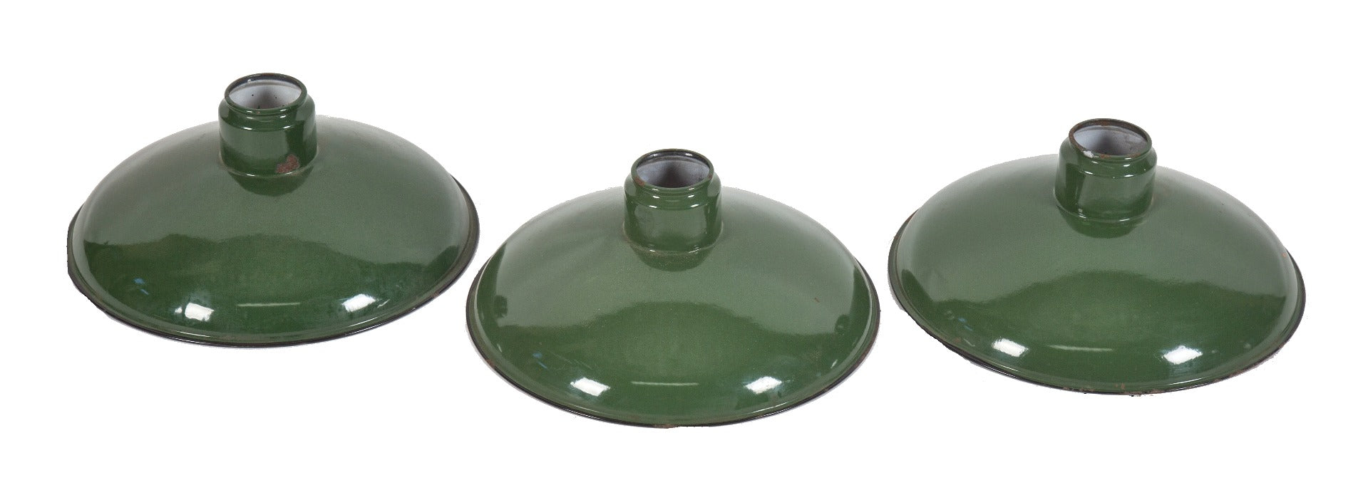 group of three original early 20th century antique american green porcelain enameled benjamin pendant factory reflectors