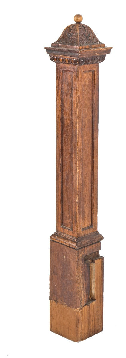 one of three nearly identical varnished oak wood salvaged chicago box-shaped newel posts with hand-carved