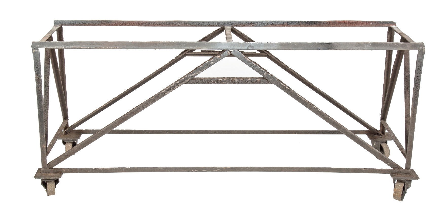 one of several vintage american industrial angled steel long and narrow machine shop mobile table bases