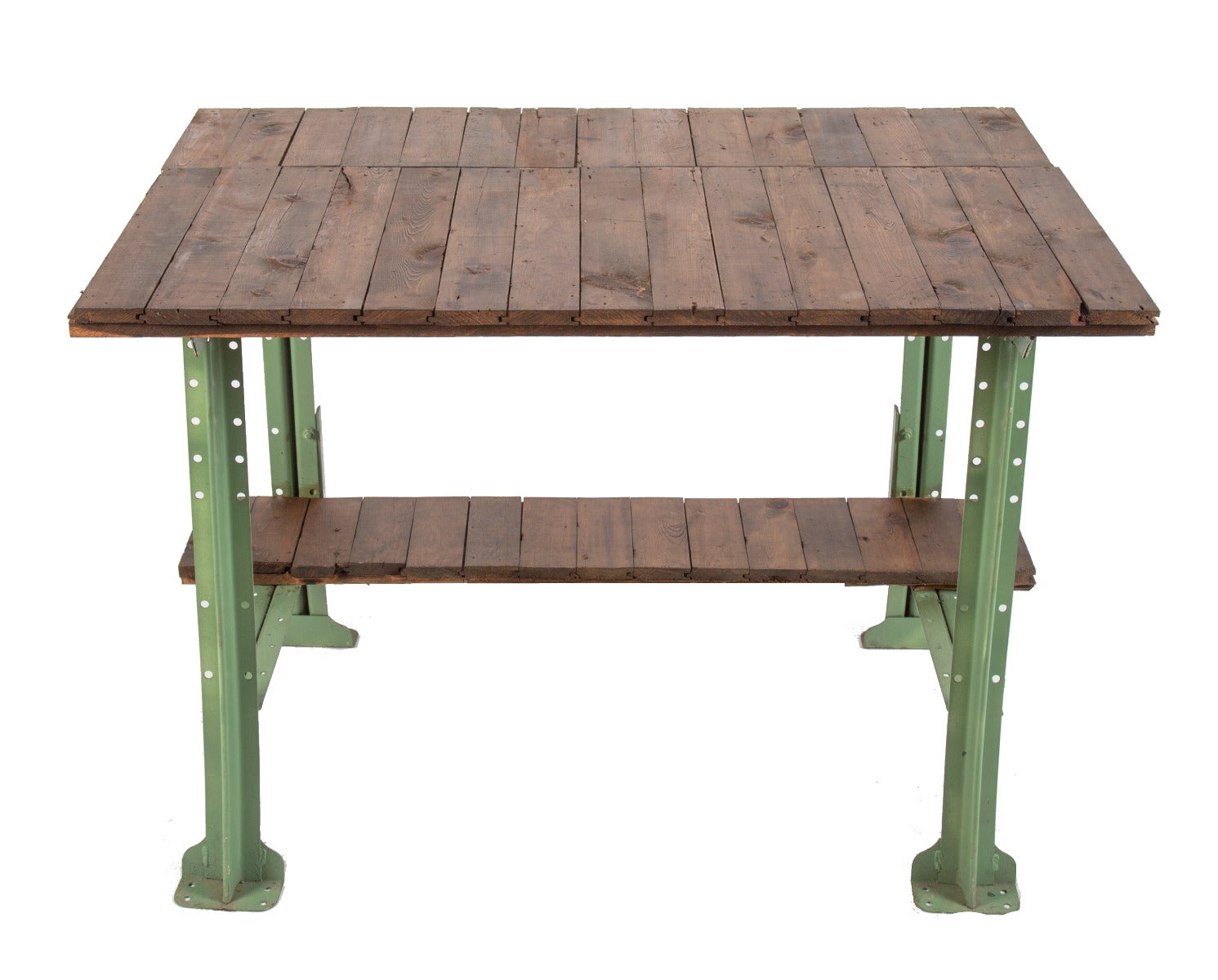 old commercial building basement custom-built workbench with "factory green" enameled pressed and folded steel pollard bases