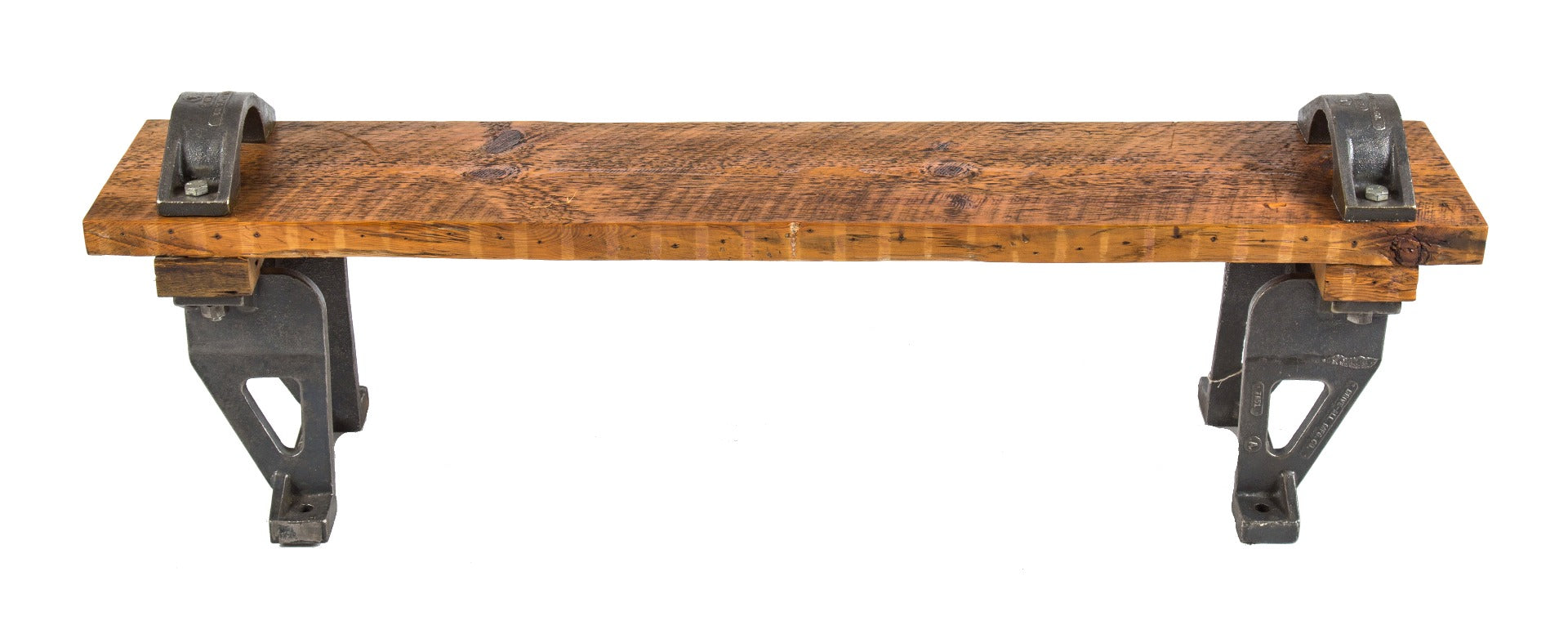 custom-built salvaged chicago sitting bench with old growth pine wood and brushed cast iron pulley brackets