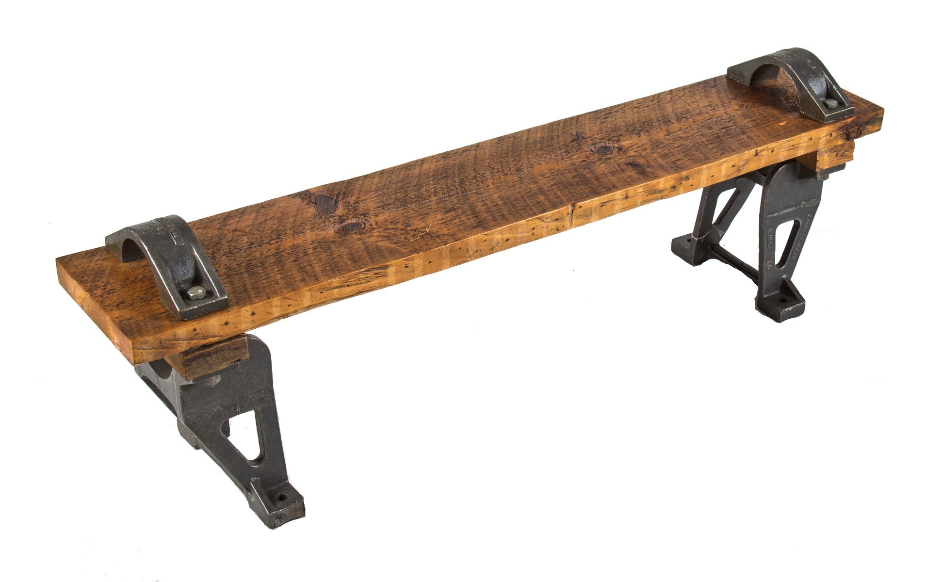 custom-built salvaged chicago sitting bench with old growth pine wood and brushed cast iron pulley brackets