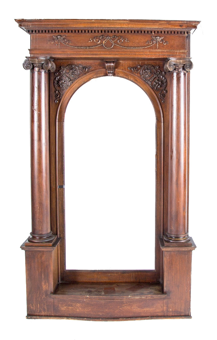 stunning oversized solid birch wood victorian era salvaged chicago rowhouse interior pier mirror with archtop opening
