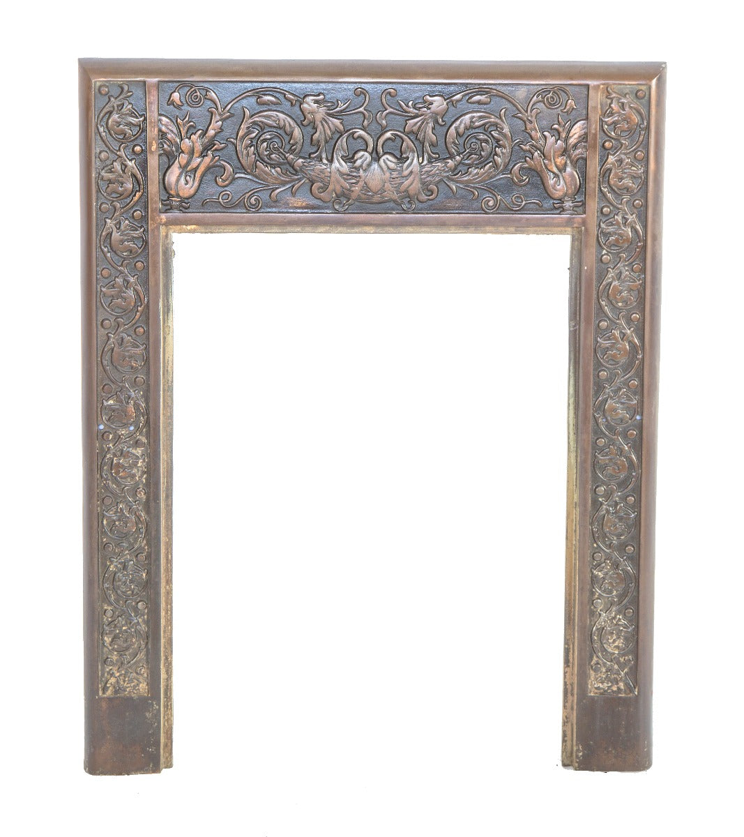 hard to find 19th century salvaged chicago residential dawson brothers interior fireplace mantel surround with copper-plated finish