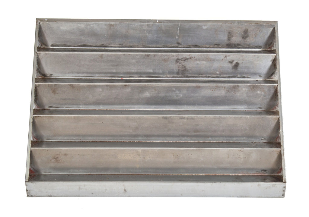 c. 1940's pressed and folded steel multi-tier oversized "weatherhead" countertop display rack with brushed metal finish