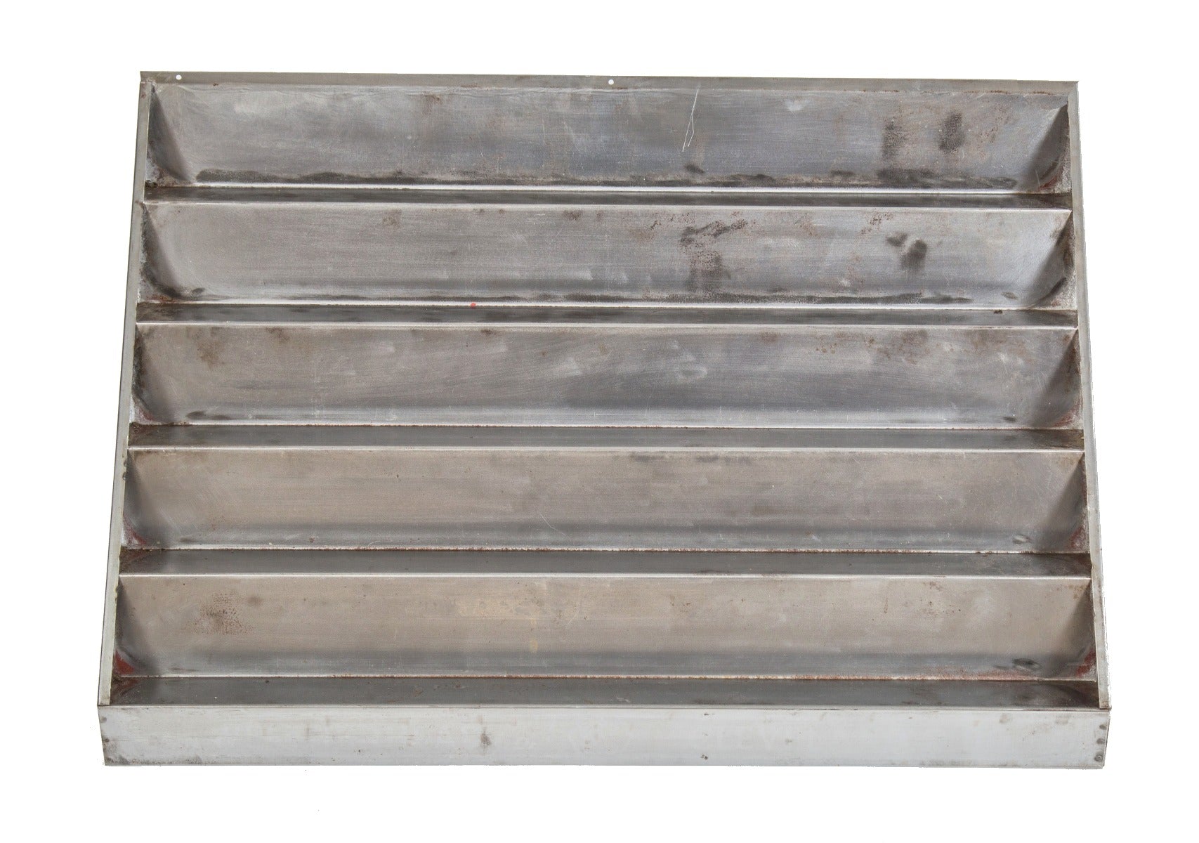 c. 1940's pressed and folded steel multi-tier oversized "weatherhead" countertop display rack with brushed metal finish
