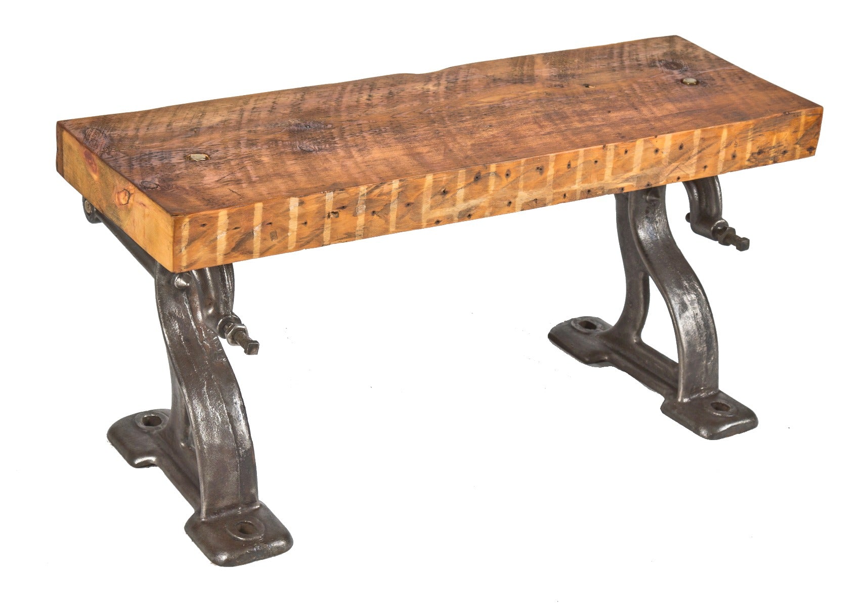 repurposed vintage american industrial salvaged chicago factory machine shop sitting bench with brushed cast iron bases