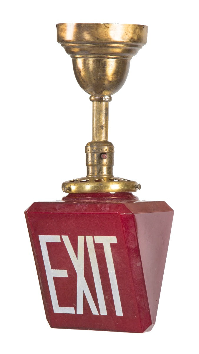 original american depression-era art deco ruby red kopp glass illuminated exit light with unique beveled edges