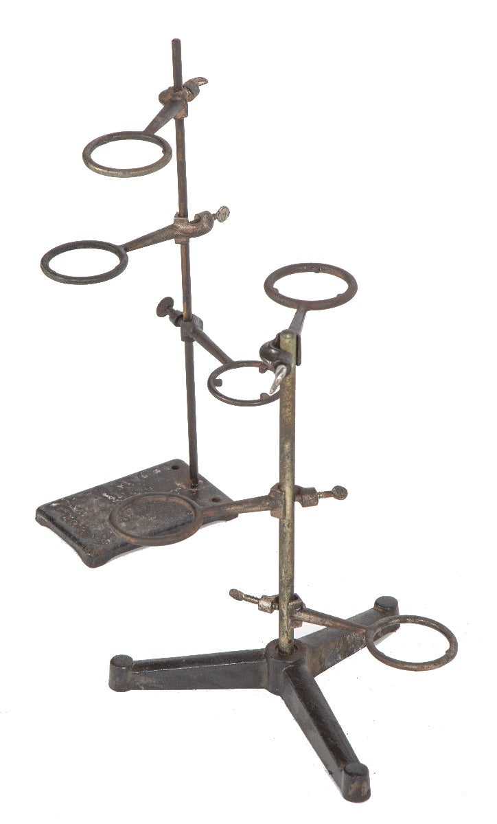 large assortment of salvaged american depression era university of chicago chemistry lab retort stands with adjustable rings