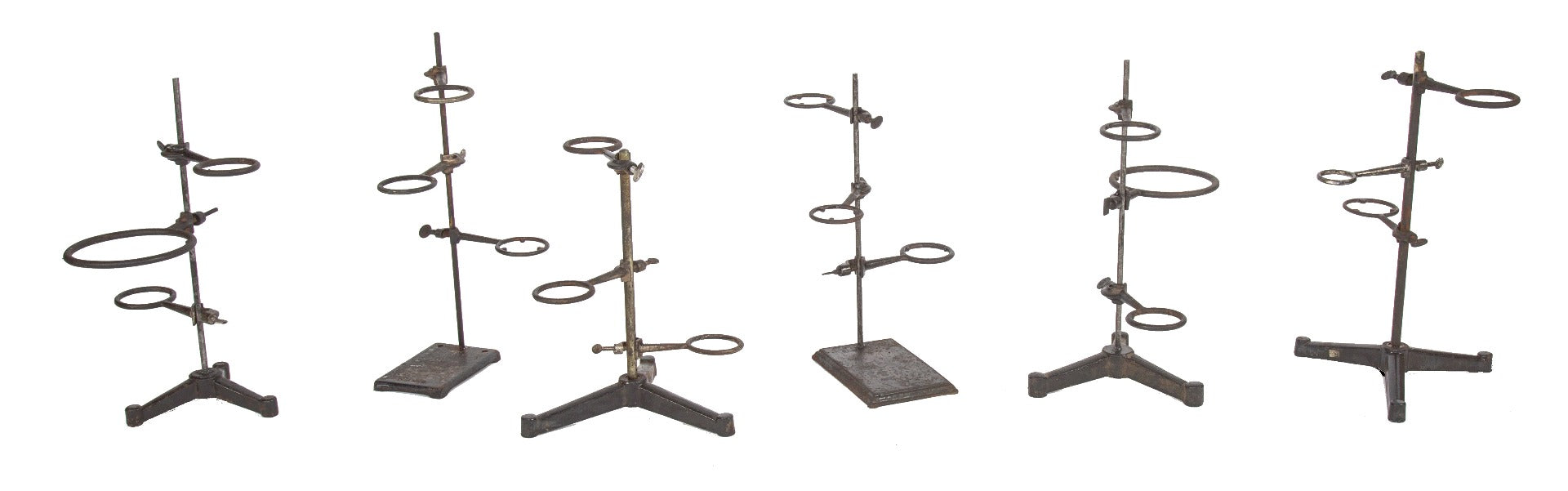 large assortment of salvaged american depression era university of chicago chemistry lab retort stands with adjustable rings