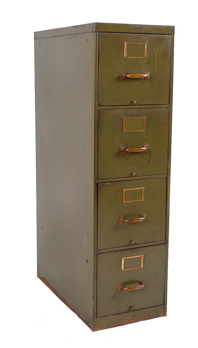 robust early 20th century antique american industrial olive green enameled cold-rolled steel office filing cabinet